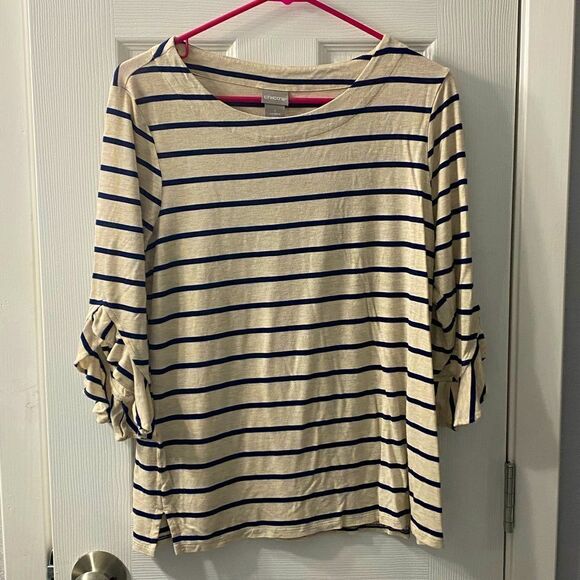 Chicos Beige Striped Ruffle Elbow-Sleeve Top Round Neck Rayon Blend 1 medium - Picture 12 of 12